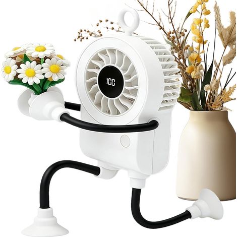 Mini ventilateur robot avec lumière LED – Design original – Bras orientables – Ventouses fixation solide– Rechargeable USB – Compatible batterie externe – Pour bureau, chambre, camping, pique-nique (1/4)