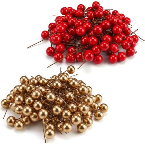 200 Pièces Baies Artificielles, 15mm Faux Fruits Décoratifs, pour Noël Decoration, Décoration Vacances, Support pour Sapin de Noël Artificiel (Rouge et Or) (1/5)