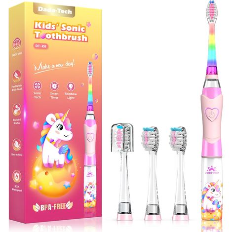Brosse à Dents Électrique Enfant 3-6-8-12 Ans, Brosse à Dent Electrique Enfant Sonique Avec Minuteur, Lumières LED Arc-En-Ciel Et 4 Têtes à Poils Doux Pour Kids Filles Et Garçons (rose licorne) (1/5)