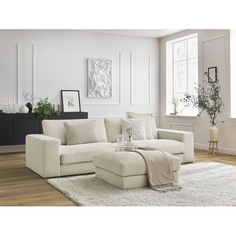 BOBOCHIC - Canapé droit fixe 3 places LEONARD velours côtelé avec pouf Beige (1/5)