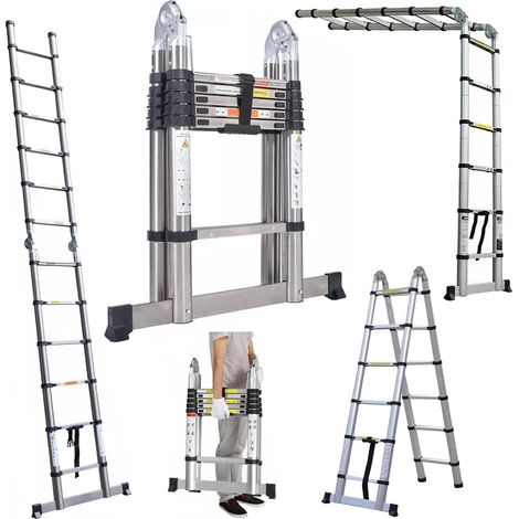 Échelle télescopique, échelle rétractable, échelle télescopique polyvalente pliable, échelle portable en forme de A, plus solide que les autres échelles, 3,8 mètres / 12,5 pieds (6,2 pieds + 6,2 pieds (1/5)