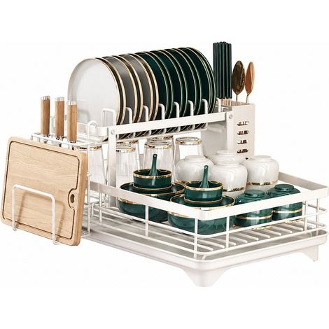 Égouttoir à vaisselle double couche, blanc, panier d'égouttage, rangement de cuisine, à poser, entièrement équipé (1/3)