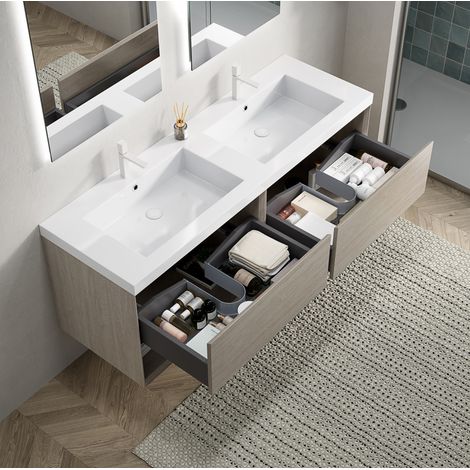 Mueble de baño con lavabo integrado (140x46x60 cm), 2 cajones, 2 estantes abiertos, roble claro y blanco (1/5)