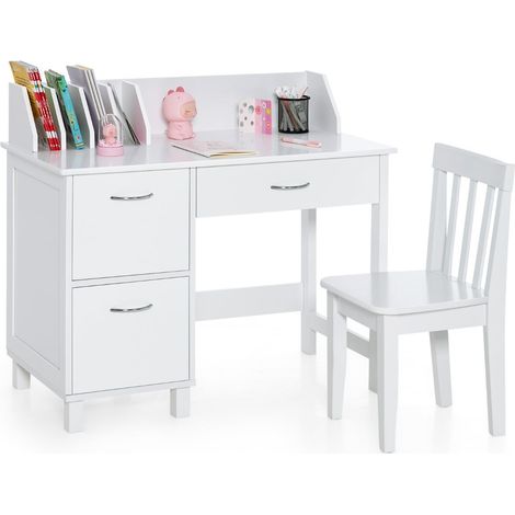 Set scrivania e sedia per bambini, legno, bianco, opzioni di archiviazione