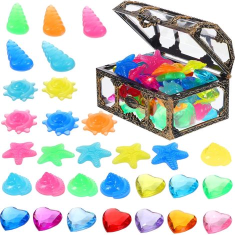 Coffre Trésor Pirate avec 30 Colorées 30 Diamants en Plastique Jouets pour Garçon Et Filles Coffre en Plastique Amusement pour Piscine Activités D'été Décoration De Fête Ensemble Complet (1/5)