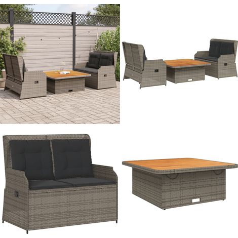 Set de muebles de jardín 3 pzas y cojines ratán sintético gris - Muebles de jardín - Banco de jardín reclinable