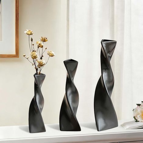 Lot de 3 vases géométriques en céramique, décoration d'intérieur pour salon, décoration moderne et minimaliste pour arrangement de fleurs séchées, améliore le style de la maison (noir) (1/5)