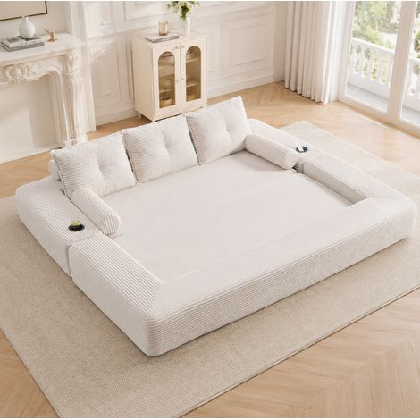 Divano letto 232x98x80 cm, convertibile, con tasche laterali e portabicchieri, in corduroy beige (1/5)