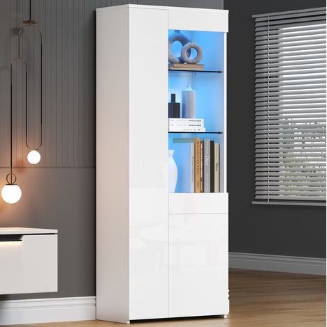 MEUBLIV Vitrine 70x35x180 cm blanche – LED, 1 tiroir, 2 placards et étagères en verre (1/5)