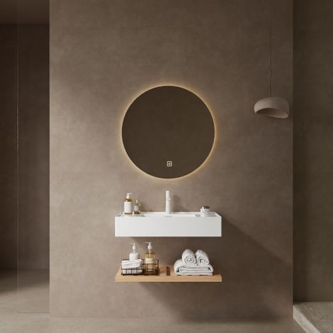 Meuble Salle de Bain 75cm avec Vasque Acrylique et Étagère - Bois Naturel (1/4)