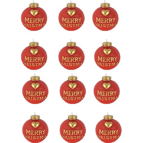 Set 12 Candele Sferiche Rosse Ø6cm con Cuore e Scritta Merry Christmas Oro palla Natalizie Decorative Tavola Ambienti Tonda Per Atmosfere Calde Raffinate