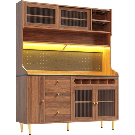 ELVMI Credenza Alta da Cucina con Ripiani Regolabili, LED USB e Portabicchieri, 145 x 39 x 171 cm (1/5)