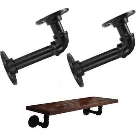 2pcs Supports d'étagère de tuyau industriel pour étagères, support d'étagère flottant de tuyau en métal noir en L-Support de rayonnage mural décoratif robuste style vintage de ferme rustique (1/4)