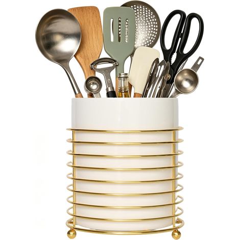 Kitchen Utensil Holder for Countertop, Ceramic Cutlery Holder with Ring Holder, Kitchen Accessories Storage (White) (1/5)