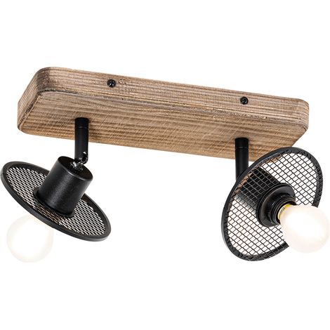 Industrial Ceiling Spotlight Black with Wood 2-Light - Jasmijn