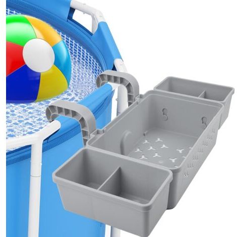 Panier de rangement pour piscine, panier de rangement suspendu avec 2 porte-gobelets, en plastique recyclé, pour accessoires de piscine hors sol, gris (1/4)
