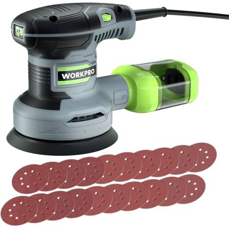 – Ponceuse excentrique 125mm – Vitesse réglable 7000-13000 tr/min – 300W avec collecteur de poussière – 20 disques abrasifs inclus (1/5)