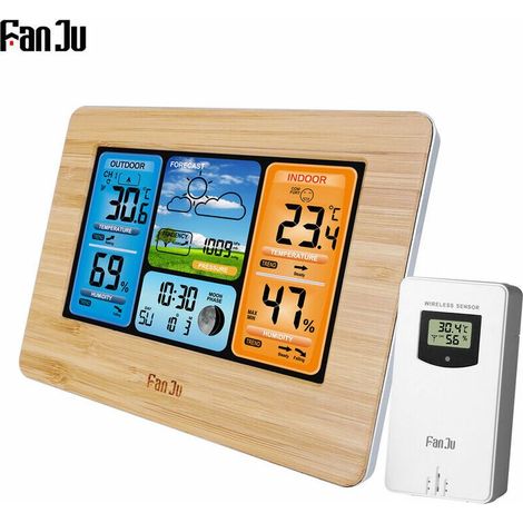 Wireless multi-function weather station clock with indoor and outdoor temperature and hygrometer, featuring an outdoor sensor and USB power cable, with a s model (1/4)