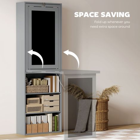 Bureau convertible pliable gris anthracite, fixation murale, avec tableau noir et étagère latérale, idéal pour le télétravail. (1/5)