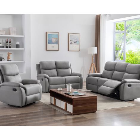 M&S – Ensemble 2 canapés et fauteuil relax manuel en PU gris clair – Structure en bois massif – Coussins en mousse polyuréthane – Dimensions sofa 1 place 84x91x96cm