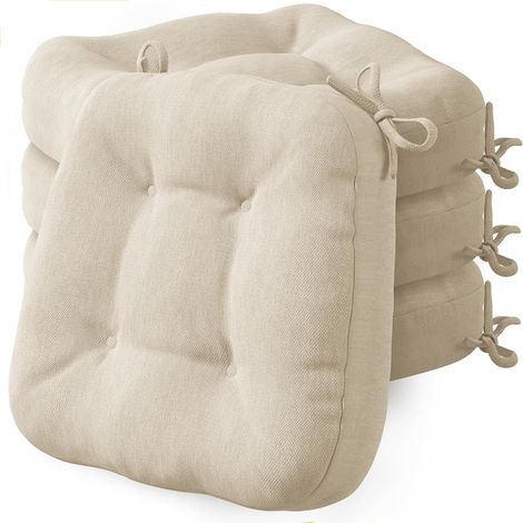Lot de 4 coussins d'assise - 40 x 40 x 8 cm - Épais et confortables - Avec housse imperméable - Lavables et antidérapants - Pour chaise, extérieur et chaise de jardin - Beige (1/5)