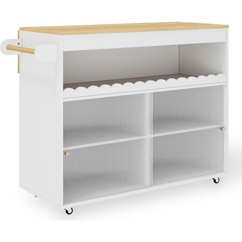 Chariot de cuisine pliable avec plan de travail en placage chêne et portes coulissantes en verre trempé (1/5)