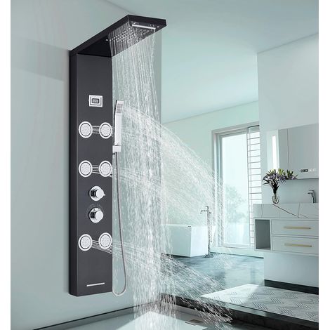 Colonne de Douche Panneau de Douche Hydromassage Noir avec Affichage LCD et Douchette et 6 Grandes Buses Massants Système de Douche Multifonction en Acier Inoxydable pour Salle de Bain (1/4)