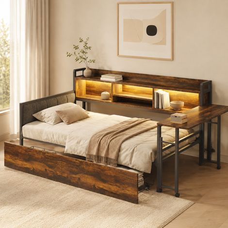Sofá cama de metal color madera natural 90x200 cm con LED, escritorio abatible, enchufe y 2 cajones (1/5)