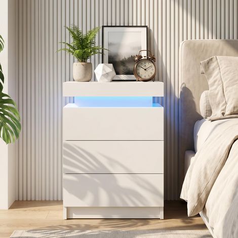Table de Chevet LED avec 3 Tiroirs, Table de Nuit LED Connectee Chambre à Coucher, Commode Chambre LED Connectée pour Adulte, Chevet de Lit à Ports USB Salon Bois Cadeau Blanc (1/5)
