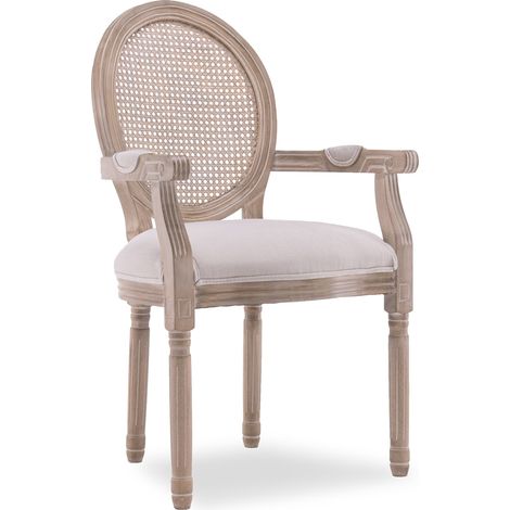 Intensedeco – Fauteuil médaillon Louis XVI en bois hévéa et tissu beige – Cannage rotin – Confort optimal – Dimensions 56x58x97cm (1/4)