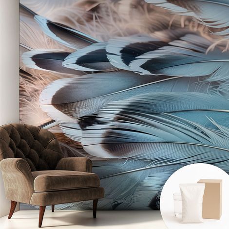 Papier peint décoratif avec colle pour salon, chambre à coucher et bureau – Design moderne et facile à poser Plumes bleues 250x250 cm (1/5)