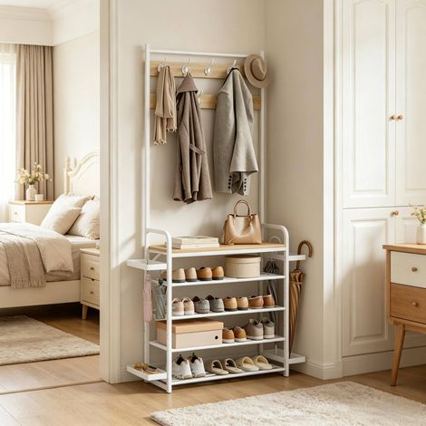 Attaccapanni in metallo bianco e rovere chiaro con 9 ganci doppi, 104 x 30 x 190 cm, con ripiani e supporti per ombrelli (1/4)