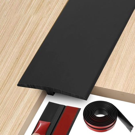 Profilé de transition en T, 5 x 300 cm, autocollant, en PVC, pour seuils de porte, découpable, pour sols raccordés, parquets, stratifiés (noir) (1/5)