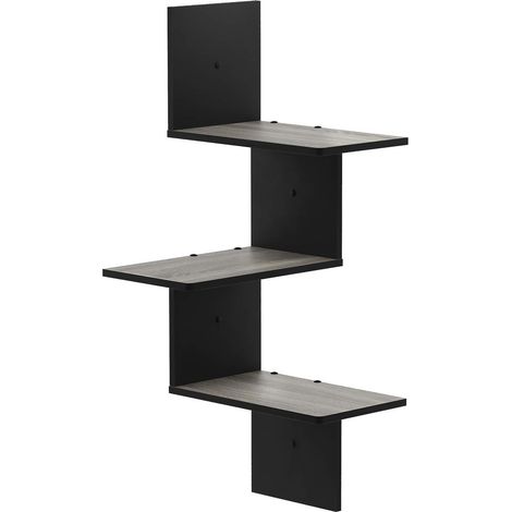 Étagère Murale d'Angle Flottante à 3 Niveaux, Chêne Français Gris/Noir, Bois dense, One Size (1/5)