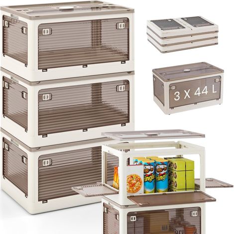 COSTWAY Boîte Rangement Plastique 132L, 3 Caisses Rangement Pliables avec Petite Roulettes, 5 Côtés Rabattables, Bac Plastique avec Couvercle pour Jouets, 3 x 44 L (1/5)