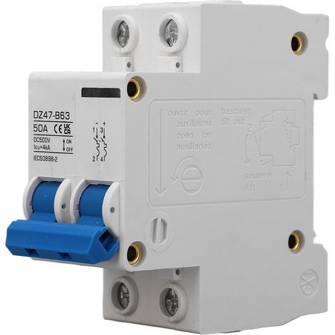 Disjoncteur DZ47-B63 50 A CC, disjoncteur miniature 500 V CC bipolaire, disjoncteur de type B, disjoncteur miniature CC pour systèmes photovoltaïques, disjoncteur pour montage sur rail DIN, basse tens (1/5)