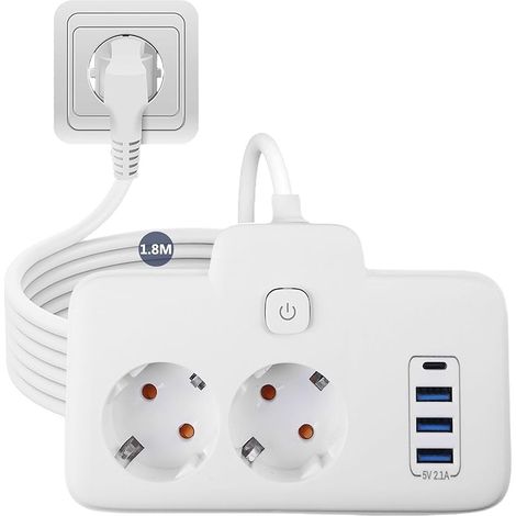 Multiprise 2 prises, avec câble d'extension de 2 m, 3 ports USB et 1 type C, idéale pour le bureau, la maison et les voyages - Rallonge pratique avec multiprise (1/5)