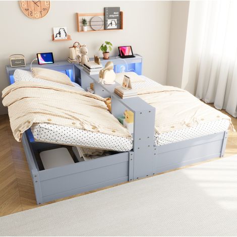 Cama multifuncional moderna 90/180x200 cm gris en madera y MDF, con LED, enchufes integrados y arcón hidráulico (1/5)