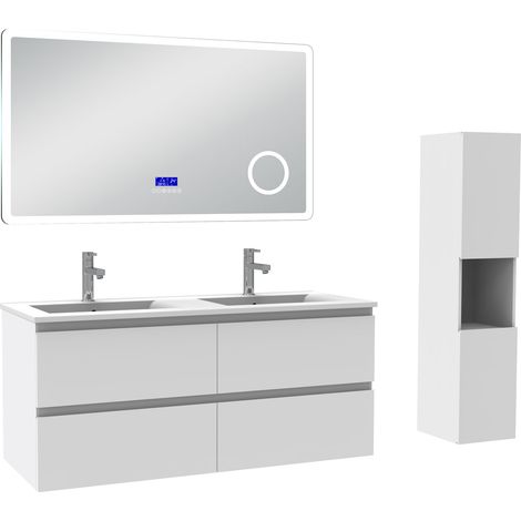 Acezanble ensemble meuble 120 cm blanc avec 4 tiroirs à fermeture automatique, lavabo céramique + miroir salle de bain Bluetooth tricolore + colonne haute, suspendu
