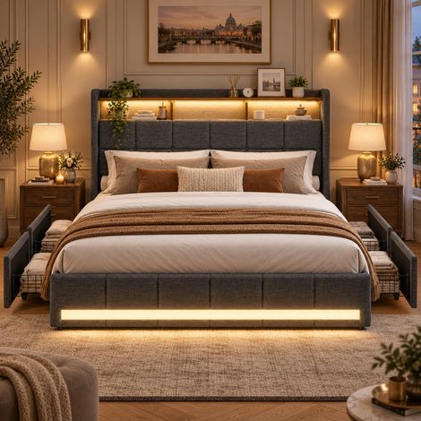 Lit 140x190 avec Sommier LED et Charge USB, Lit Deux Personnes Rembourré avec 4 Tiroirs Rangement, Sommier à Lattes, Cadre de Lits pour Adultes et Adolescents, Velours(sans Matelas) (1/5)