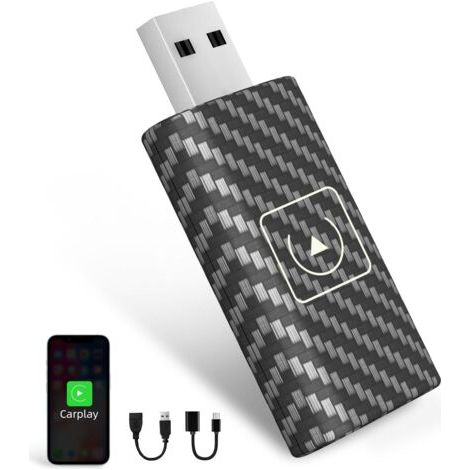 Adaptateur CarPlay sans Fil pour iOS, 2024 Dongle CarPlay Wireless, 5GHz Wi-FI Adaptateur pour Petite Voiture Stable et Facile à Utiliser, Plug and Play, Cable d'extension USB A, USB C vers A (1/5)