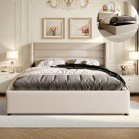Lit coffre 160x200, lit 160x200 avec sommier, lit adulte, lit double, lit rembourré, lit moderne, tête de lit design, lin, beige (1/5)