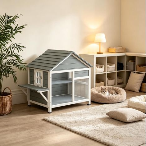 Niche pour chat extérieure en bois avec toit ouvrant et plateforme 101 x 72,5 x 81 cm (1/5)