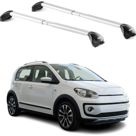 OMAC Barres de toit transversales certifiées TÜV pour VW Cross Up 2012-2019 – Verrouillables (4 antivols) – Charge max 100 kg – Sangle inox + protection caoutchouc Argent (1/4)