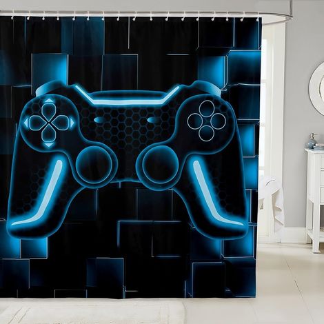 Garçons 180x200cm Rideau de Douche Jeux Rideau Douche Garçons Console de Jeux Rideau de Bain,Violet Bleu Poignée de Jeu Rideau de Baignoire Enfants,Accessoires de Salle de Bains Grille Moderne,Noir - (1/5)