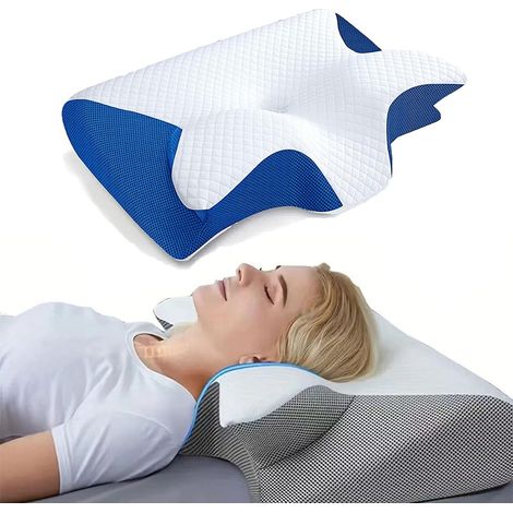 Oreiller ergonomique cervical – 2 en 1 mousse mémoire – pour nuque et dos – dormir sur le côté/ventre – Bleu (1/5)