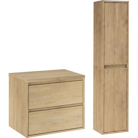 Doppelwaschtisch und Hängesäule 60cm Edmé mit 2 Schubladen, Holzoptik (1/5)