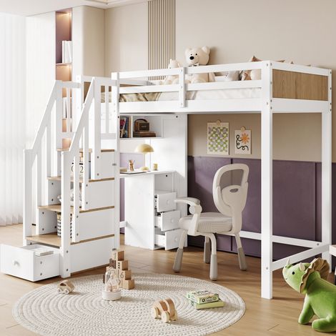Letto a castello 90x200 cm bianco e naturale, legno e MDF con scrivania e 3 cassetti (1/5)