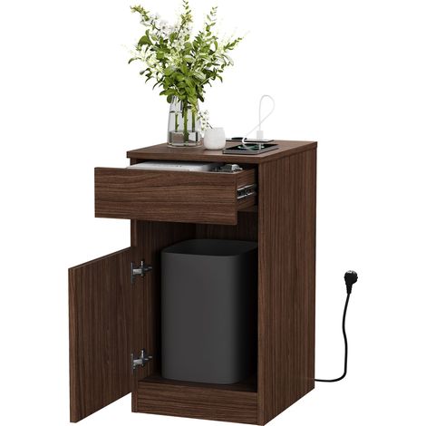 Table de chevet avec fonction de charge, aspect noyer, avec USB-A/USB-C et prise, 33x40x61,5cm, poubelle incluse (1/5)