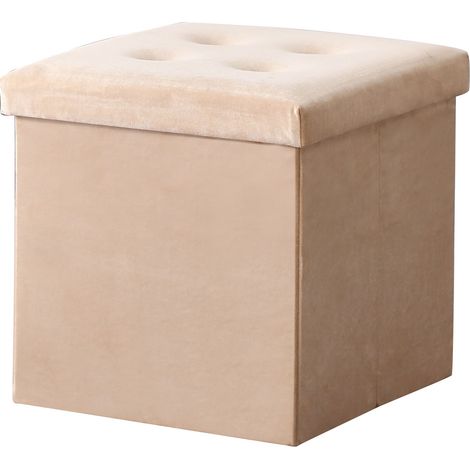 Hobag – Coffre de rangement pouf pliable en velours beige 38cm – Espace de rangement fonctionnel – Design élégant pour décoration intérieure (1/3)